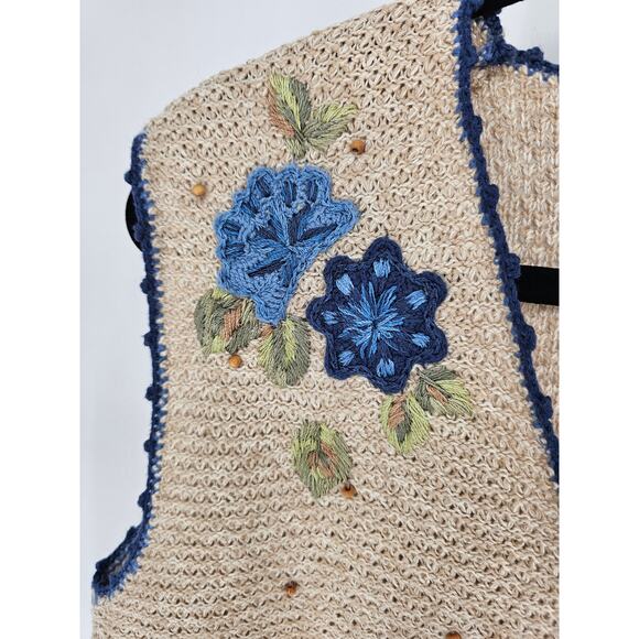 City Blues by Koret Tan Ramie Blend Floral Embroidered Button-Up Vest Size M - Picture 3 of 4